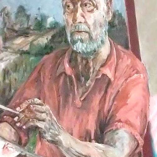 Gemälde vom Künstler im rot-braunen Poloshirt