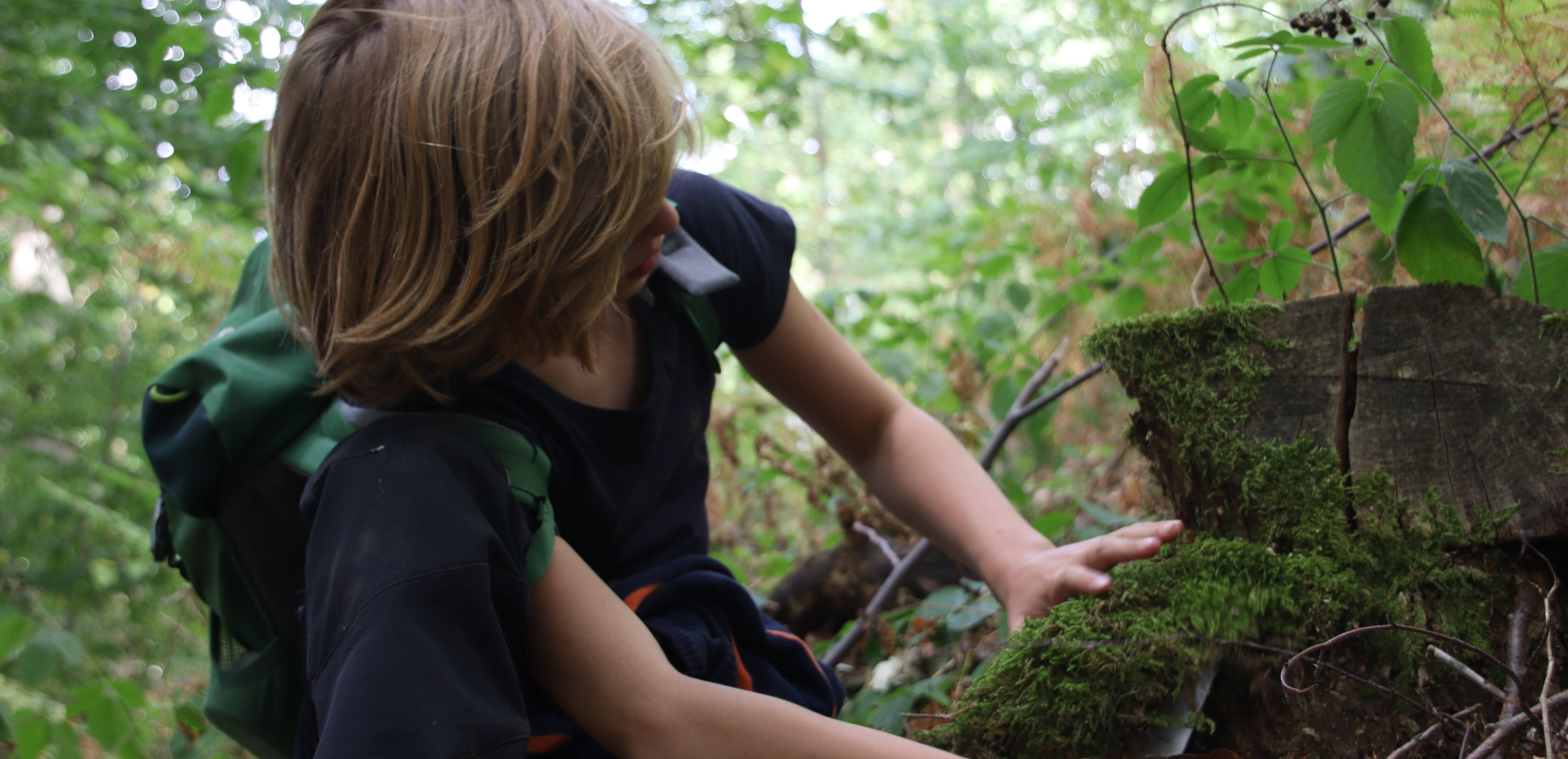 Impressionen FUNKT 2022: ein Kind findet einen versteckten Hinweis im Wald