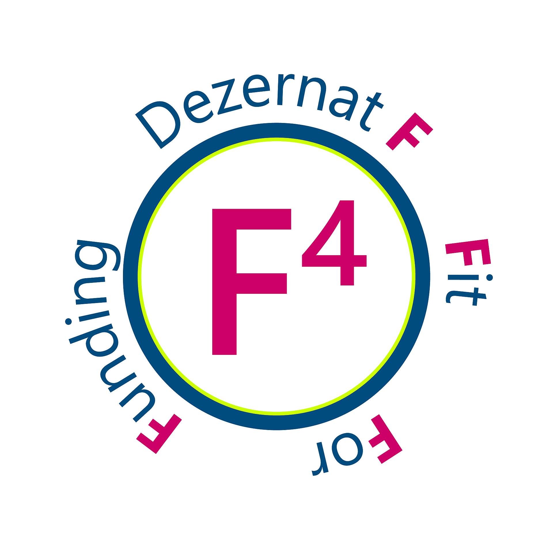 Gelb-Blauer Kreis mit dem Text F4 - Dezernat F macht Fit For Funding