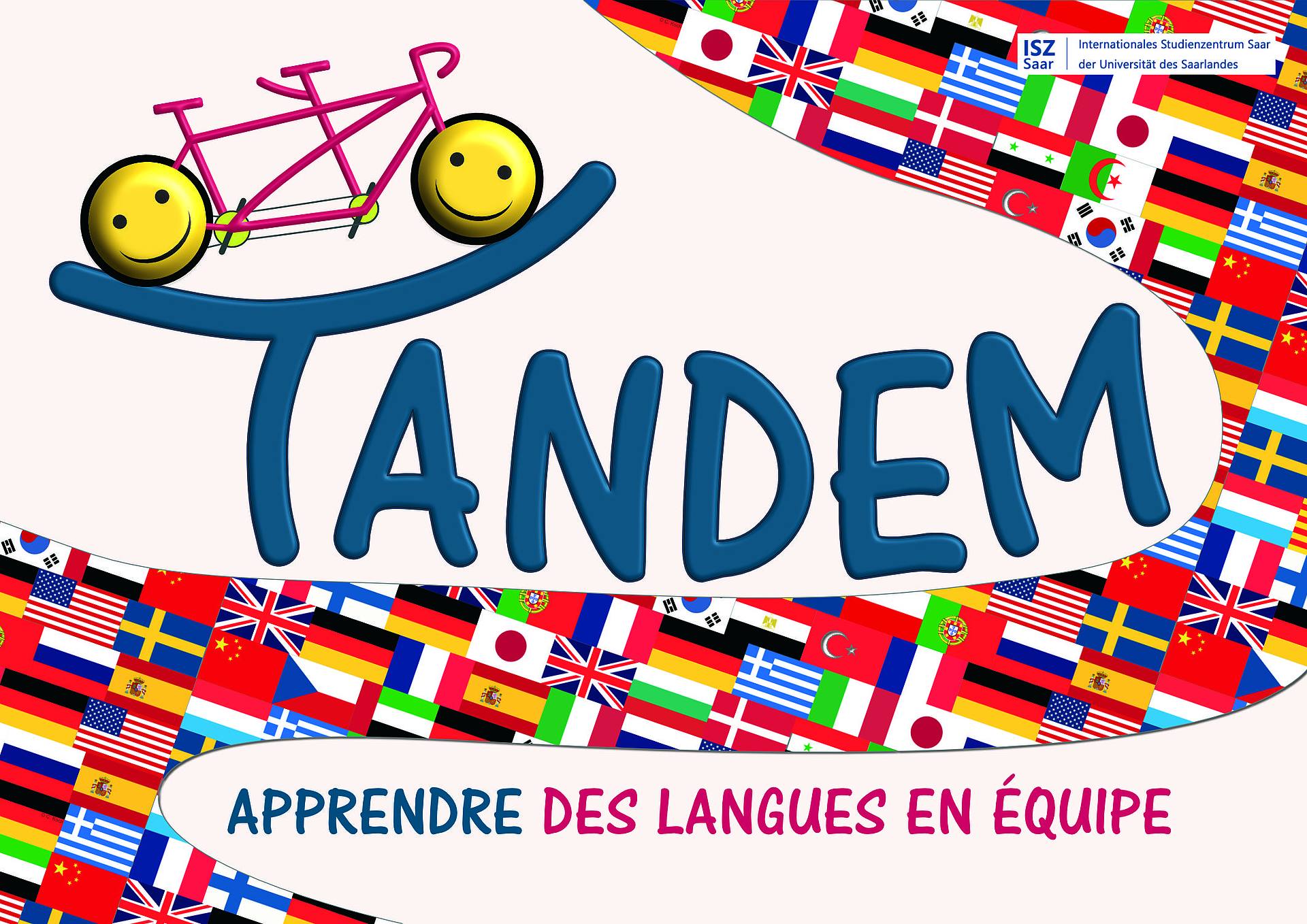 Logo des Tandemprogramms mit Schriftzug, Tandemrad und Länderflaggen