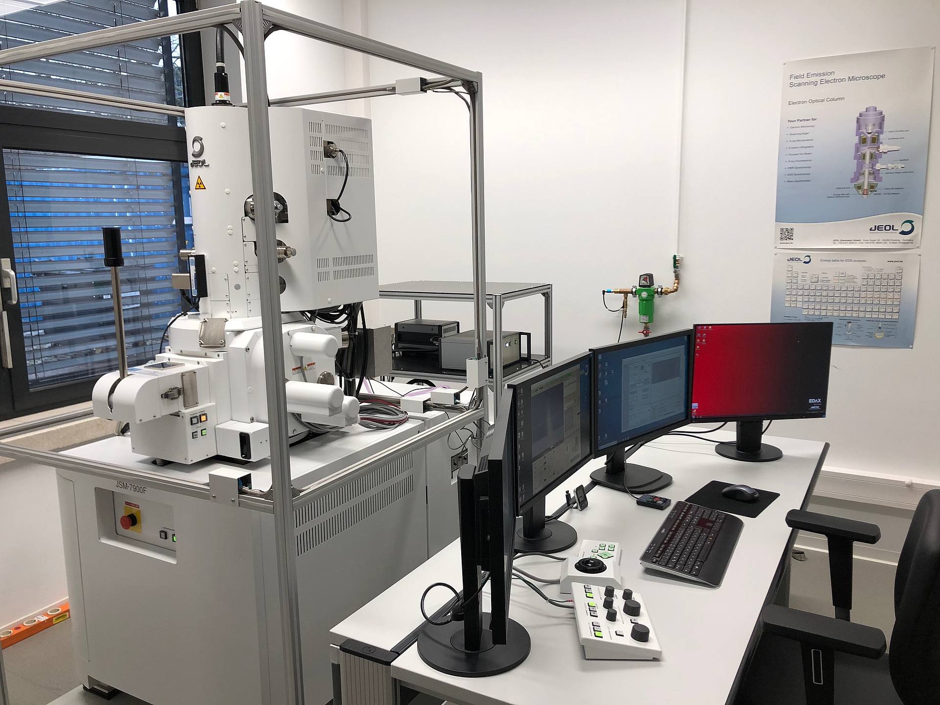 Labor mit einem Rasterelektronenmikroskop und Arbeitsplatz mit mehreren Bildschirmen.