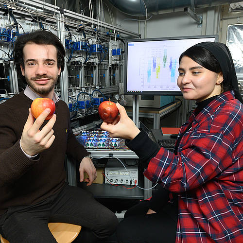 Die beiden Doktoranden sitzen im Gasmesstechniklabor und halten Obst in die Kamera.