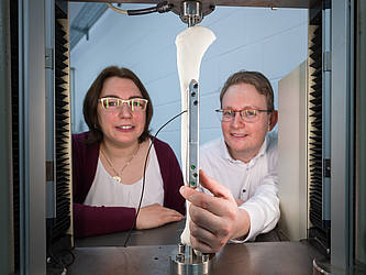 Die Forscherin und der Forscher zeigen einen Knochen, auf dem eine silberne Implantat-Schiene angebracht ist.
