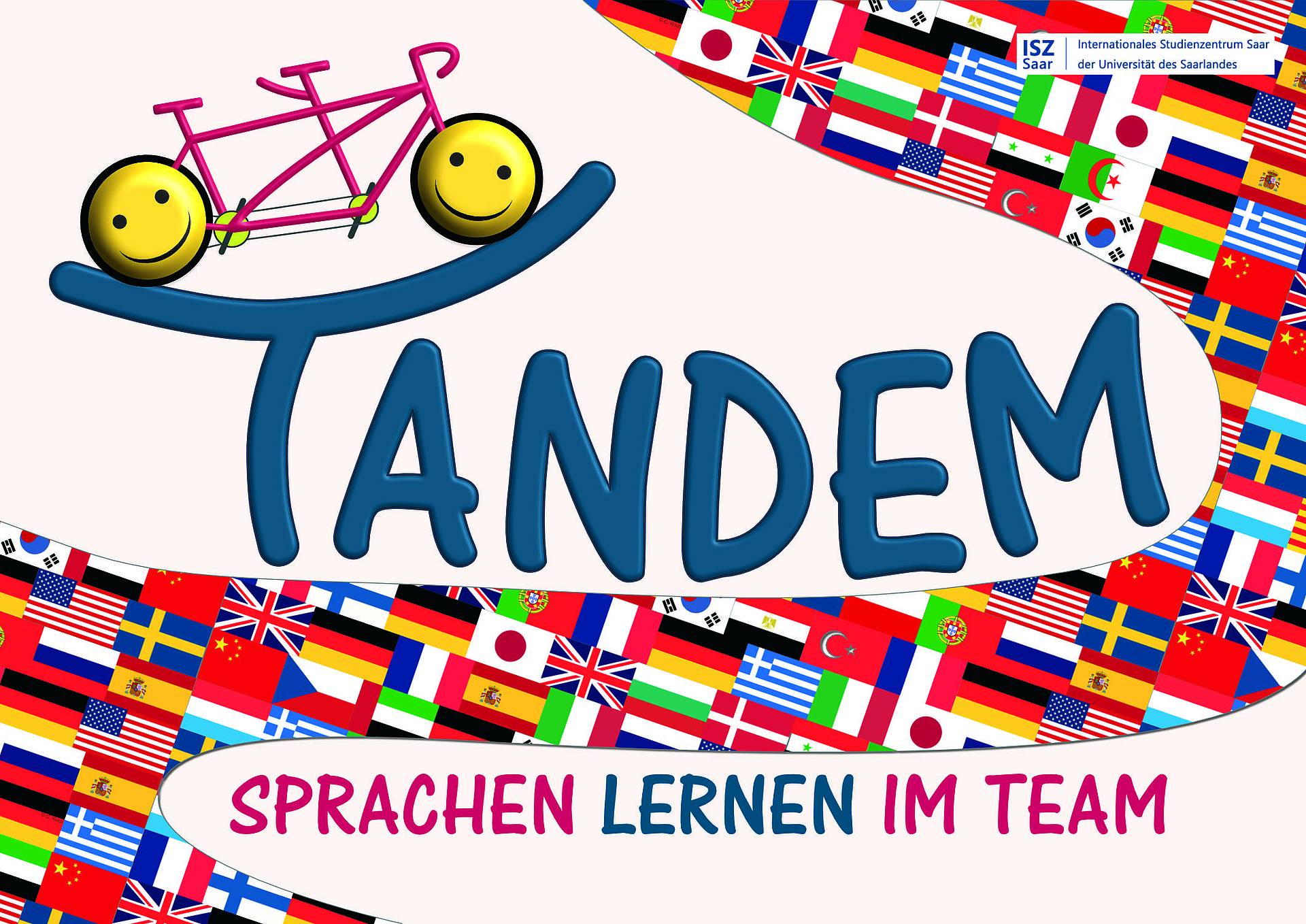 Logo des Tandemprogramms mit Schriftzug, Tandemrad und Länderflaggen