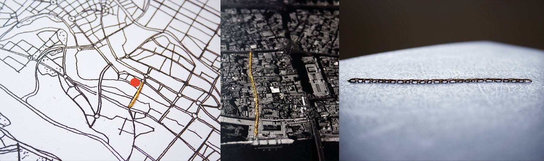 Collage von drei Fotografien mit dem Titel The Scar (Bagdad’s Al-Mutanabbi Street aus der Serie Pain and Memory der Künstlerin Mona Kriegler)