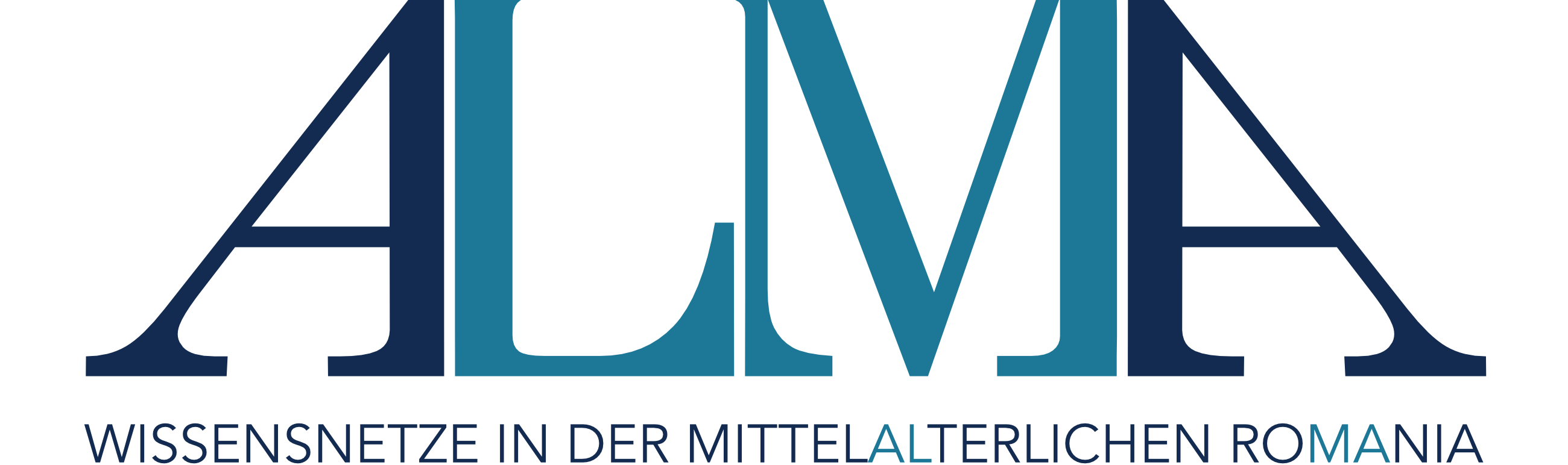ALMA Logo, mit Unterschrift "Wissensnetze der mittelalterlichen Romania" (dabei AL und MA farblich hervorgehoben) 