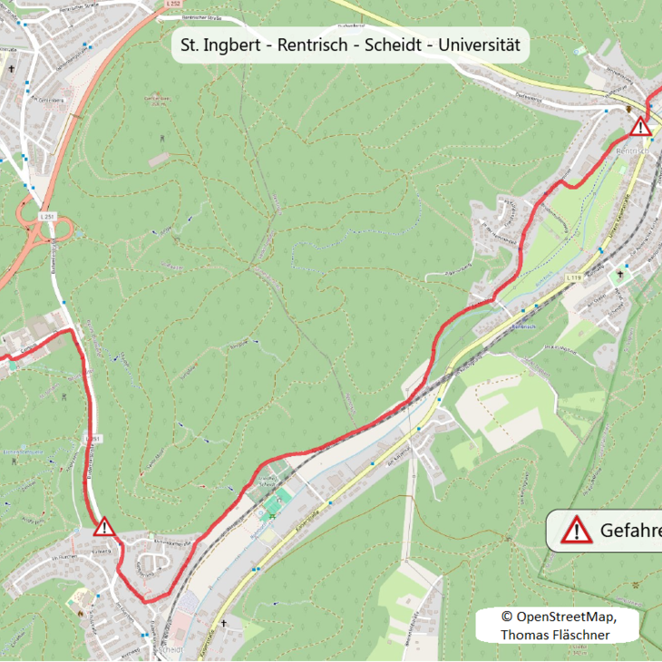 Das Bild zeigt eine Landkarte, auf der ein Weg zwischen Sankt Ingbert und dem Campus der UdS markiert ist und Gefahrenstellen aufgezeigt werden