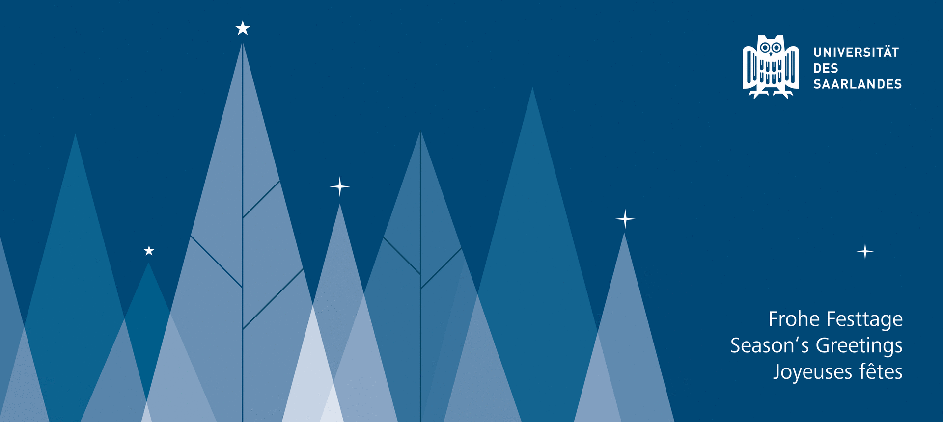 Weihnachtsbäume mit blinkenden Sternen. Text: Frohe Festtage - Season's greetings - Joyeuses fêtes