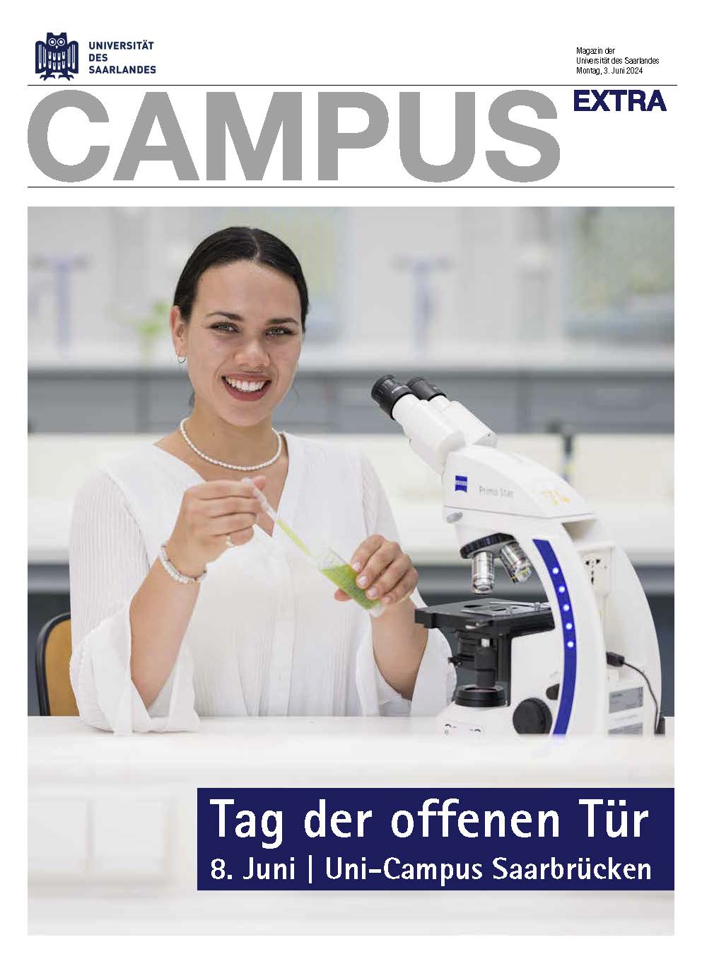 PDF Titelseite von Campus Extra mit Foto einer Forscherin am Mikroskop