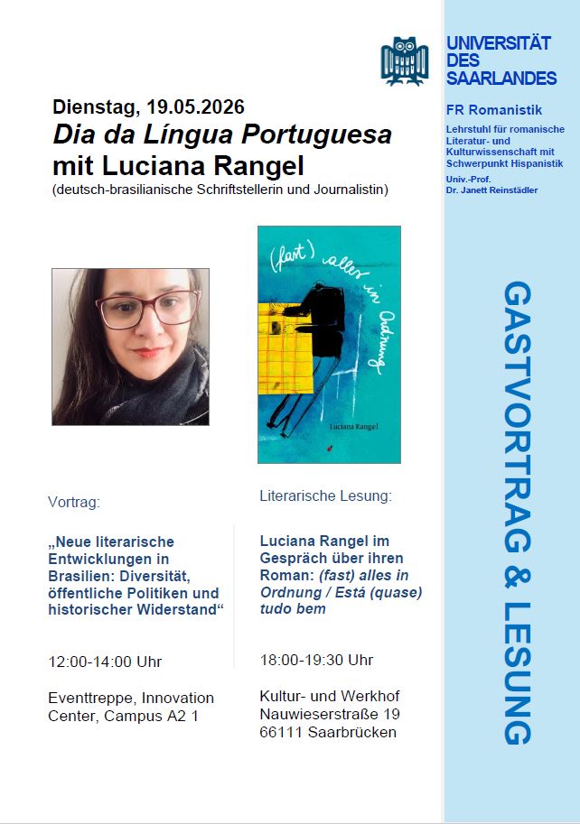 Plakat mit Informationen zum Gastvortrag und der Lesung von Luciana Rangel, eine deutsch-brasilianische Schriftstellerin und Journalistin aus Berlin