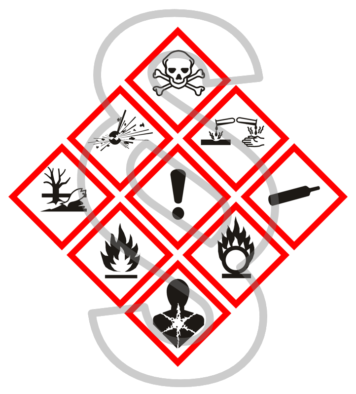 Paragraphensymbol im Hintergrund, darüber rote Rauten mit Gefahrsymbolen