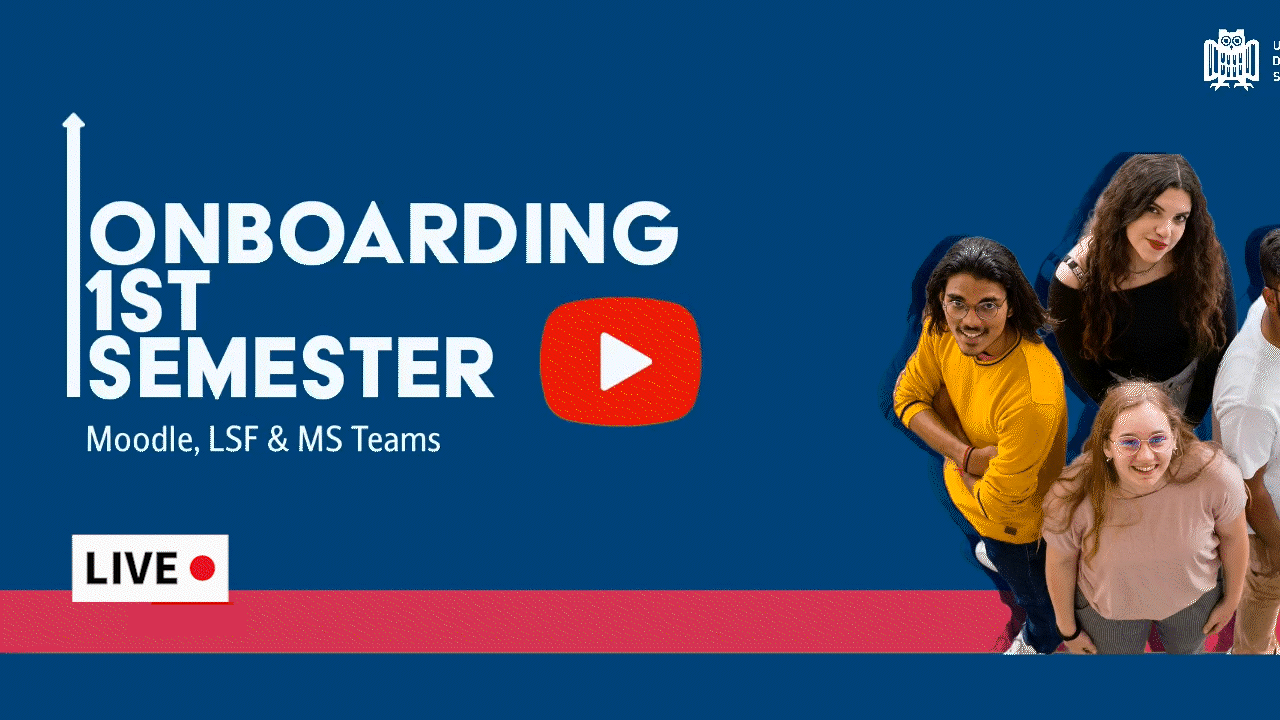 Ein bewegtes Video-Thumbnail mit vier jungen Studierenden, die in die Kamera lächeln. Mittig befindet sich ein Play-Button, auf den ein Mauszeiger klickt. Links daneben die Aufschrift: "Onboarding Erstsemester: Moodle, LSF & MS Teams; Live, 3-5 PM"
