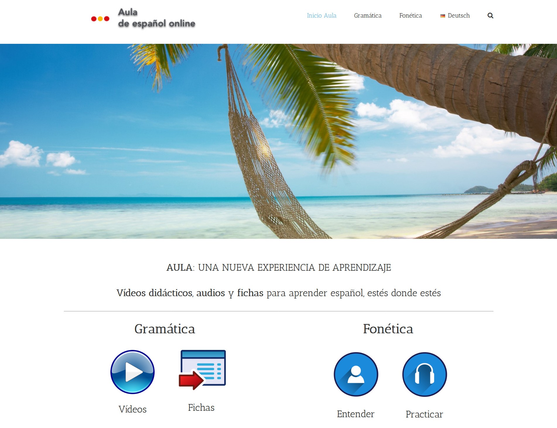 Zeigt die Startseite der Lernplattform Aula de español.