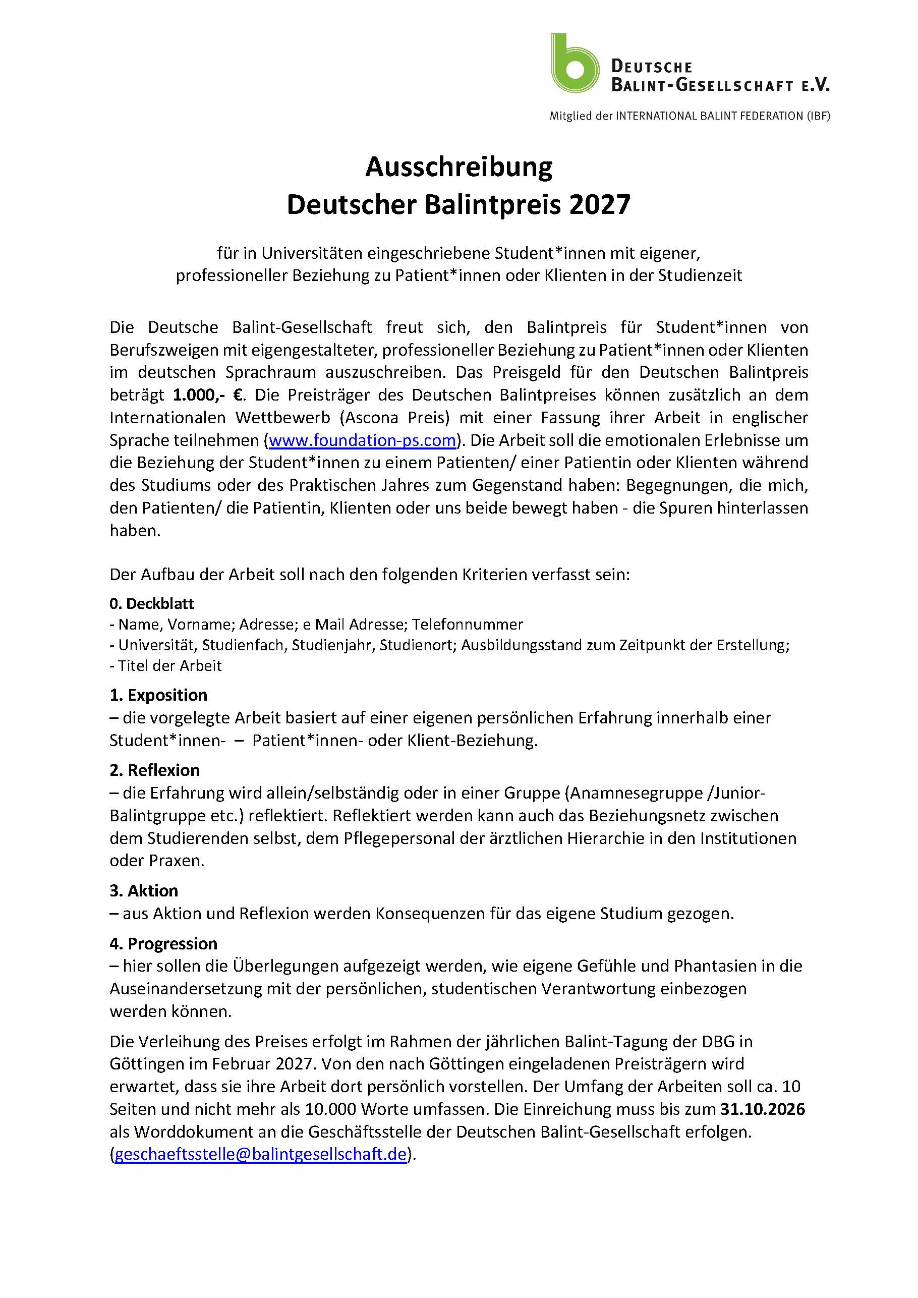 Ausschreibung deutscher Balint Preis 2027 Ausschreibung deutscher Balint Preis 2027