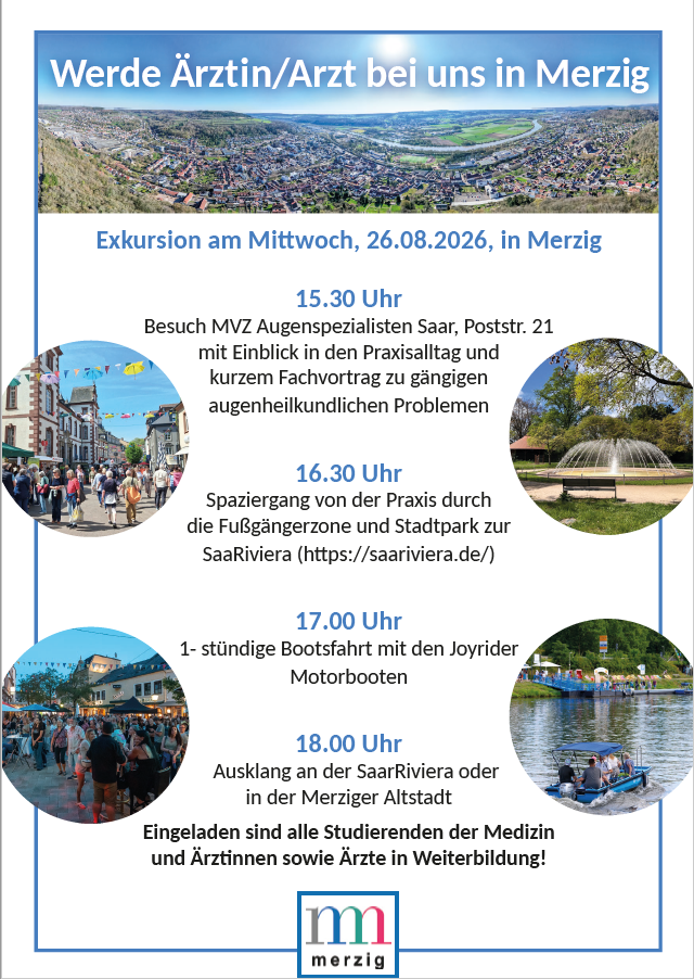 Das Bild zeigt eine Einladung zu einer Exkursion nach Merzig für Medizinstudierende und ÄiW Allgemeinmedizin am 26-08-2026.