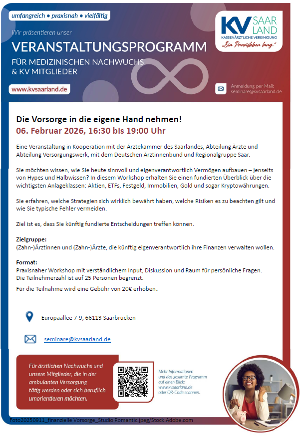 Das Bild enthält Informationen zu einer Veranstaltung der KV Saarland zum Thema Vorsorge für Ärztinnen und Ärzte am 06.02.2026.