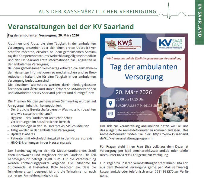 Auf dem Bild befindet sich ein Ankündigungstext zu einer Veranstaltung der KV Saarland mit Titel Tag der ambulanten Versorgung. Sie richtet sich an alle Fachärzte und den Nachwuchs im Fach Allgemeinmedizin.