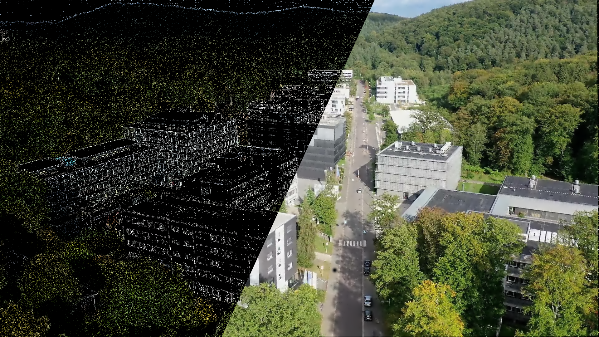 Symbolbild Forschung: Der UdS-Campus halb als unvollständige Pixeldarstellung, halb wiederhergestellt durch Inpainting