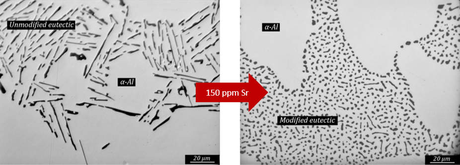 Zwei vergleichende Aufnahme mittels Lichtmikroskopie zeigt den Einfluss von Strontium auf die Morphologie. Ohne Strontium: dünne lange Lanzetten. Mit Strontium: korallenförmig.