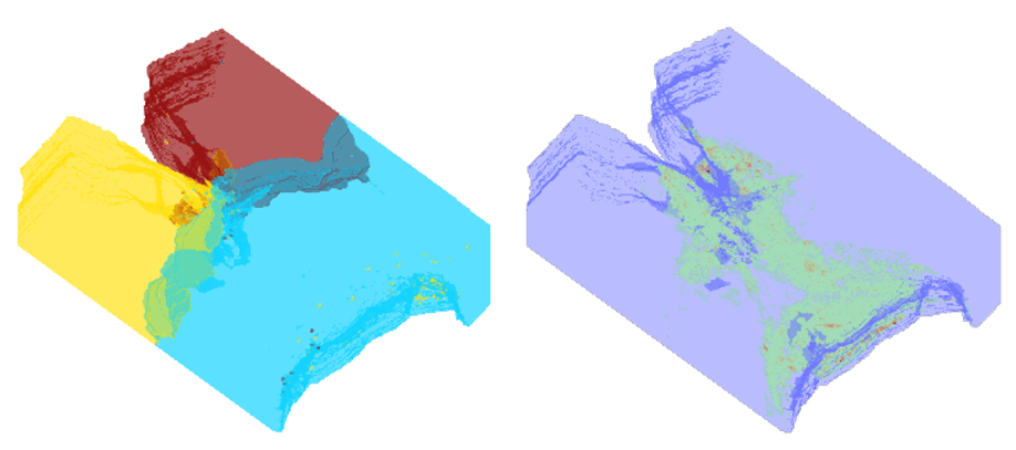 Zwei Volumen sind in 3D Ansicht dargestellt. Ein Bild zeigt, dass der Riss bis zu einer Korngrenze geöffnet ist. Das andere Bild zeigt, dass der Nye-Tensor vor der Rissspitze erhöht ist.