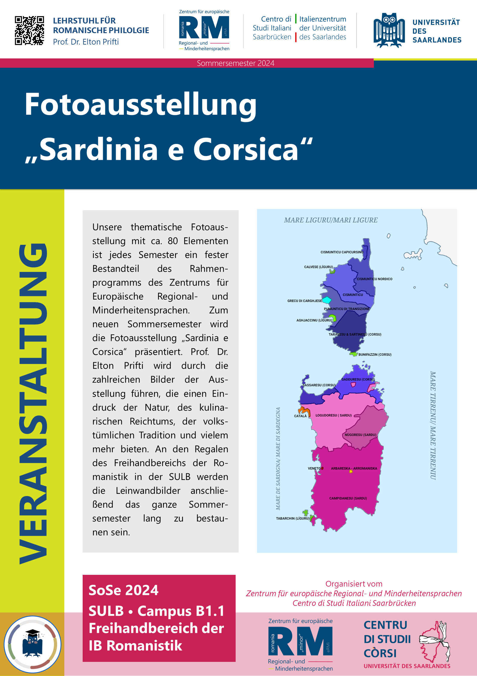Plakat zu Fotoausstellung Sardinia e Corsica mit einer Karte der beiden Inseln