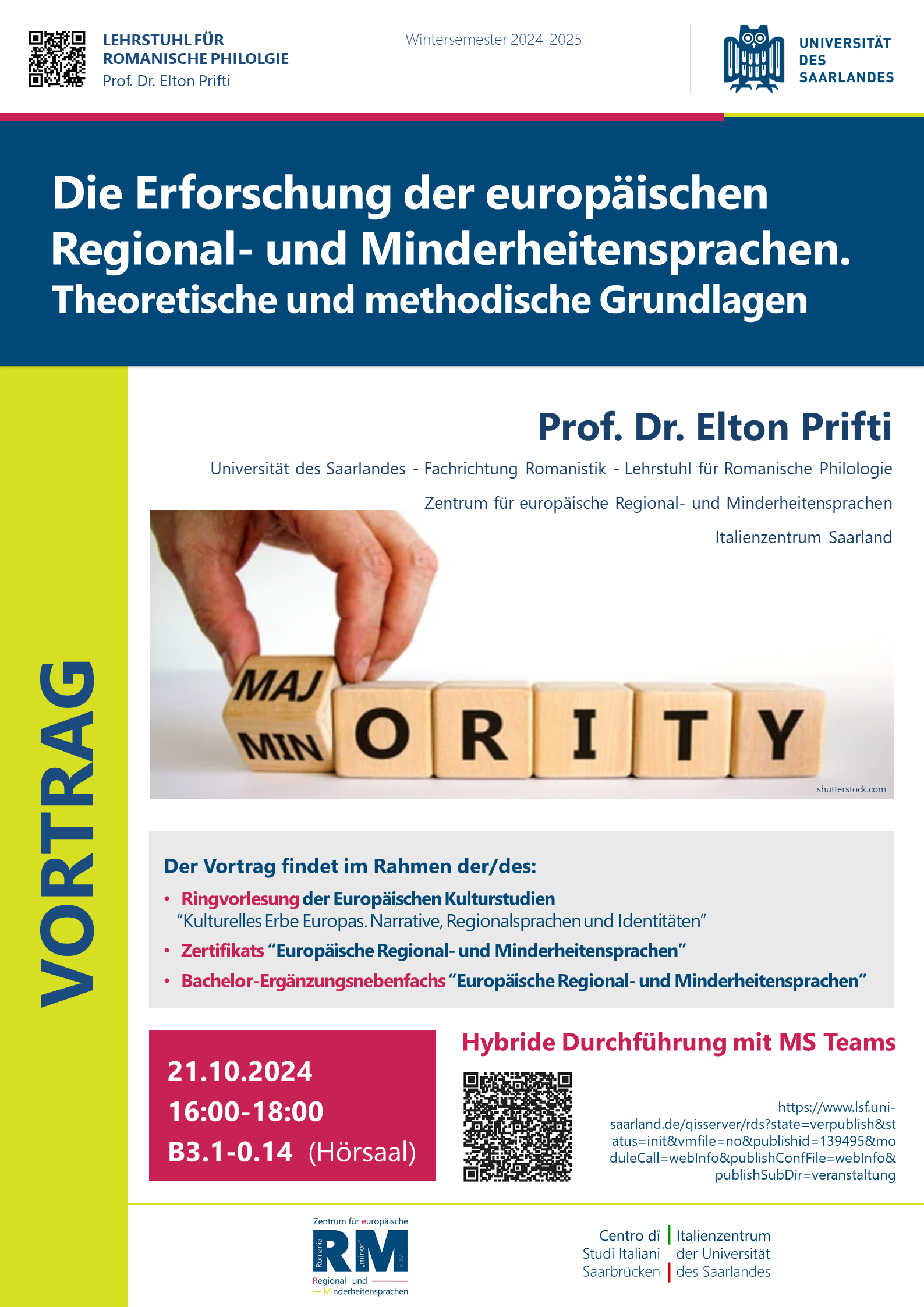 Plakat zum Vortrag von Elton Prifti zum Thema der Erforschung der Regional- und Minderheitensprachen