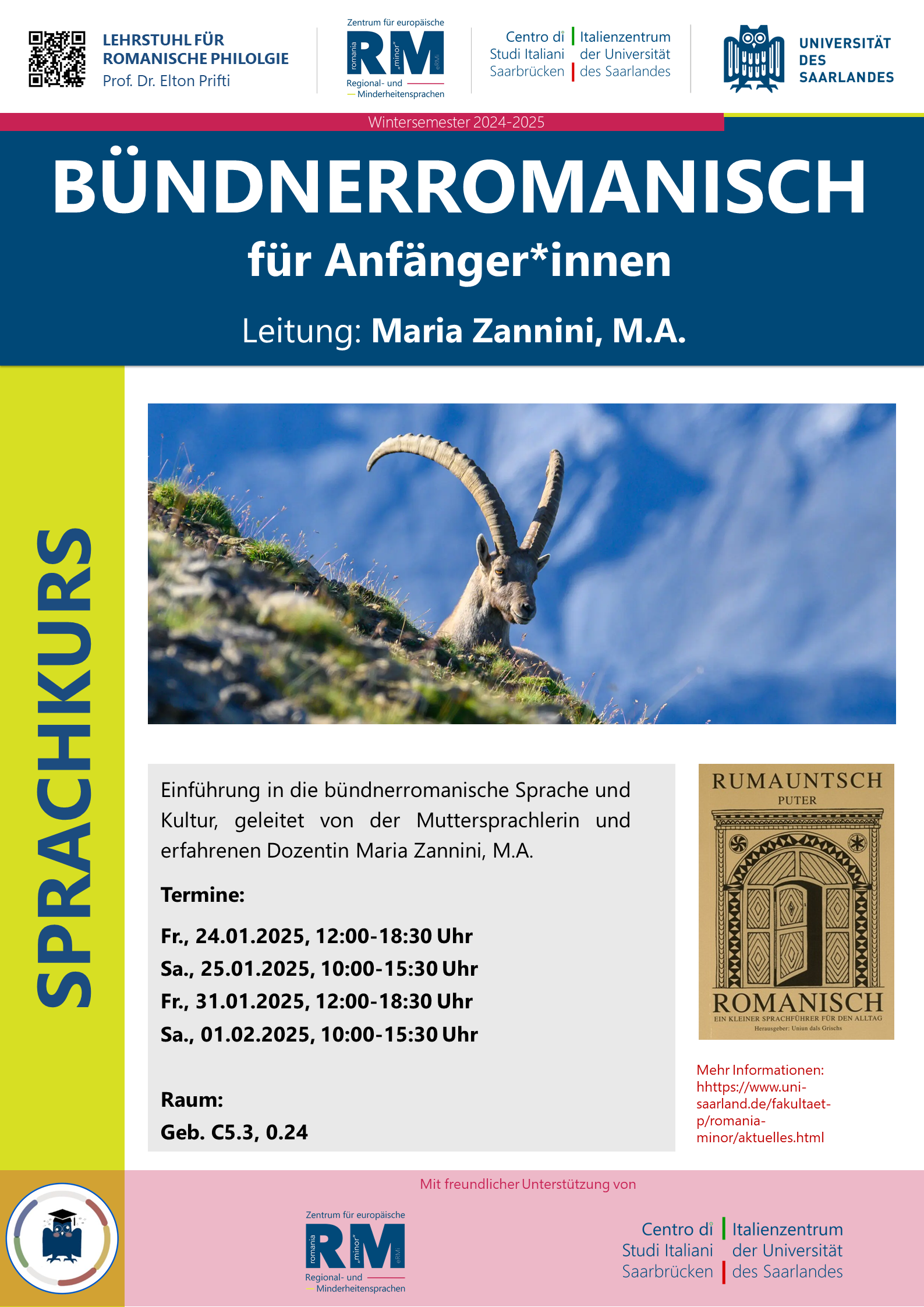 Plakat zum Sprachkurs Bündnerromanisch mit einem Steinbock als Illustration