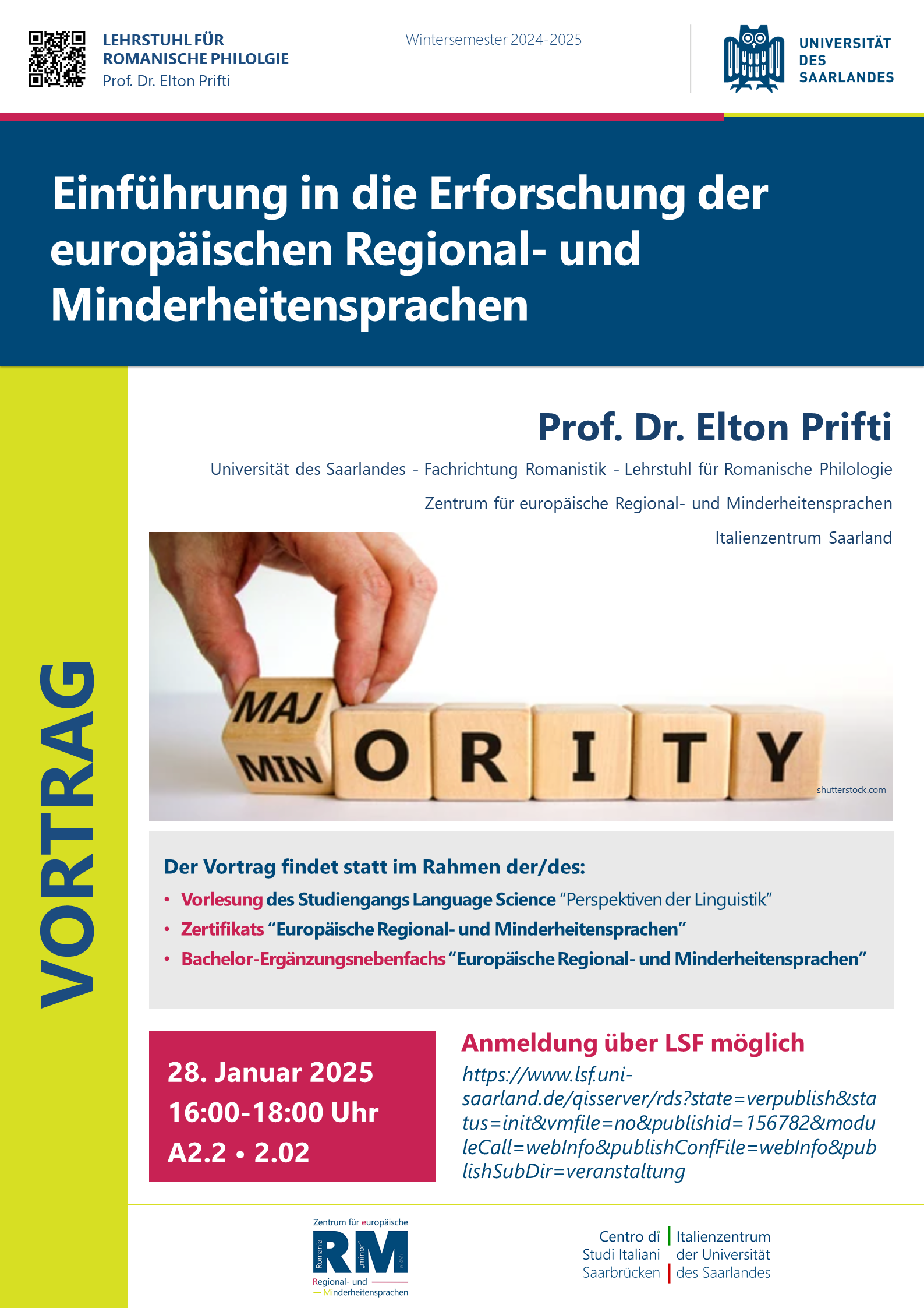 Plakat zum Vortrag von Elton Prifti im Rahmen der VL Perspektiven der Linguistik