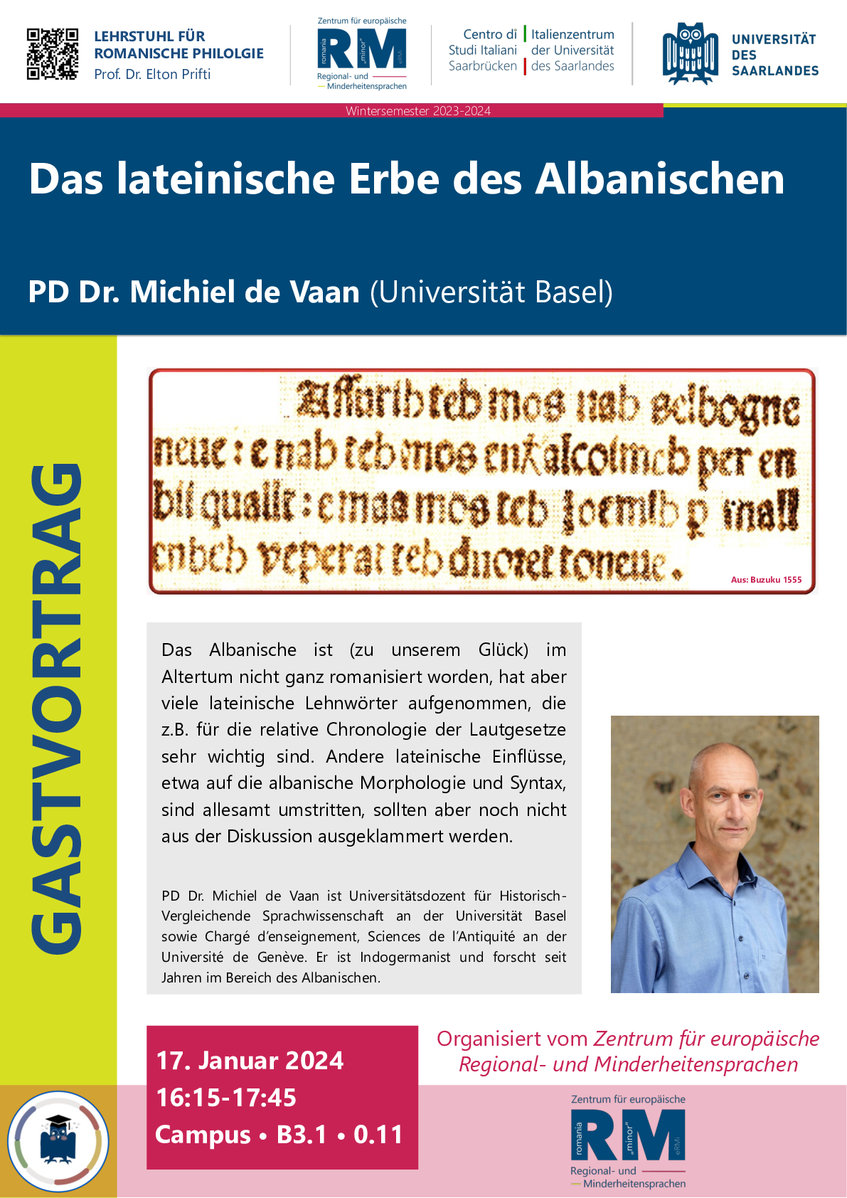 affiche pour la conférence de Michiel de Vaan