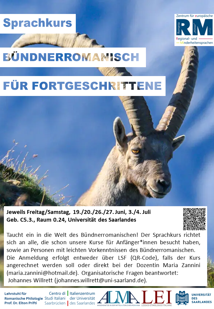Das Bild zeigt das Plakat zum Sprachkurs Bündnerromanischen mit allen Angaben, die auch im nebenstehenden Text aufgeführt sind. Zu sehen ist im Hintergrund ein Bündner Steinbock, der in die Ferne blickt.