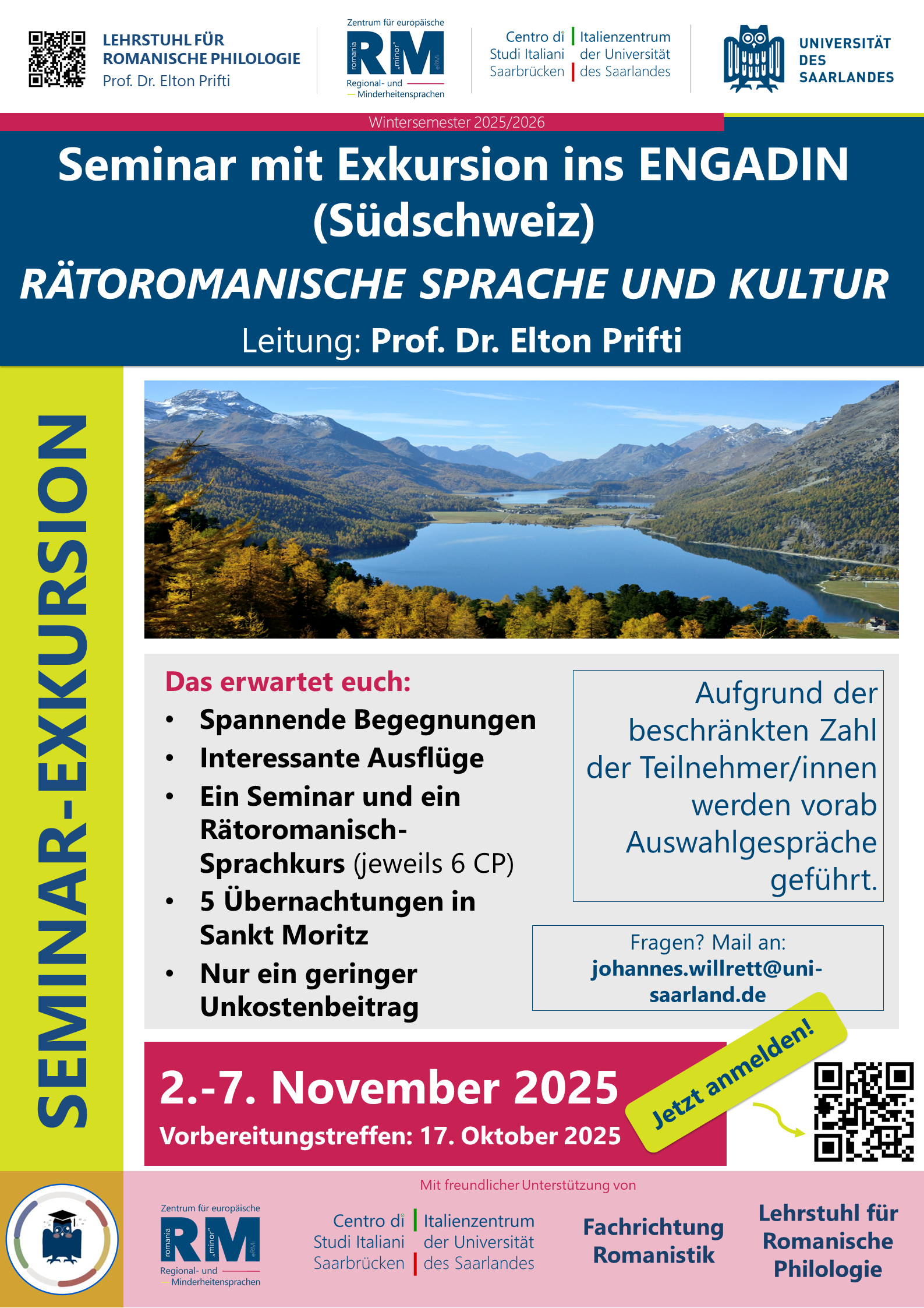 Plakat zur Exkursion ins Engadin. Darauf sind die Eckdaten, die auch im nebenstehenden Text erwähnt sind, sowie das Bild eines Bündner Bergsees.