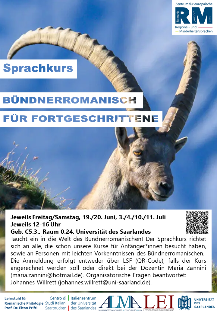 Plakat zum Bündnerromanisch-Kurs. Abgebildet ist ein Steinbock, sowie die Termine, die auch im nebenstehenden Text erläutert sind.