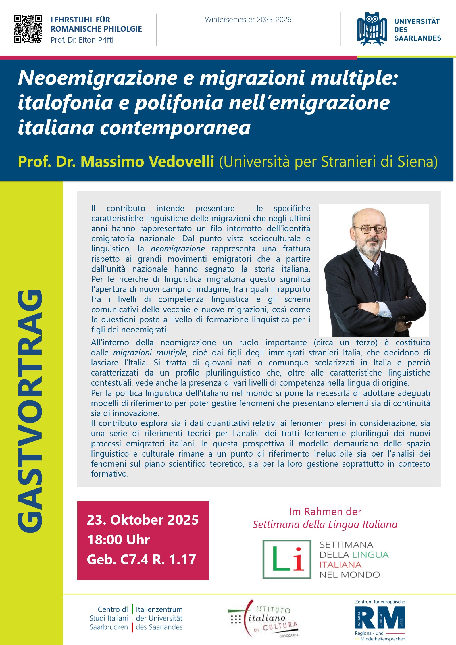 Vedovelli_Vortrag Plakat zum Gastvortrag von Massimo Vedovelli. Darauf ist der Vortragende abgebildet.