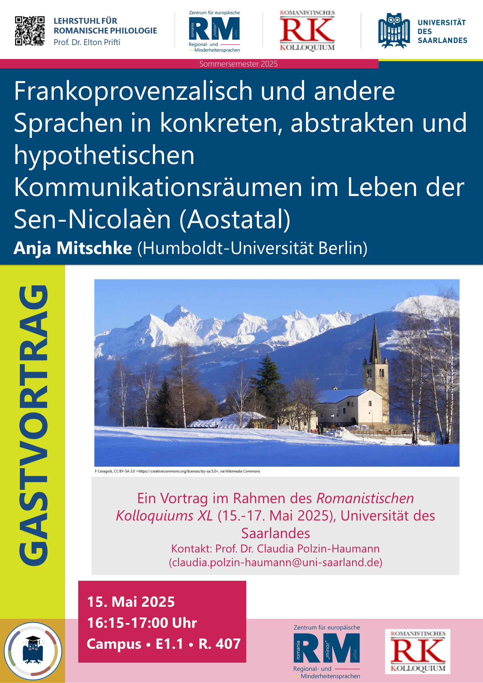 Plakat zum Vortrag von Anja Mitschke beim Romanistischen Kolloquium, zu sehen ist u.a. ein Bild des verschneiten Saint-Nicolas