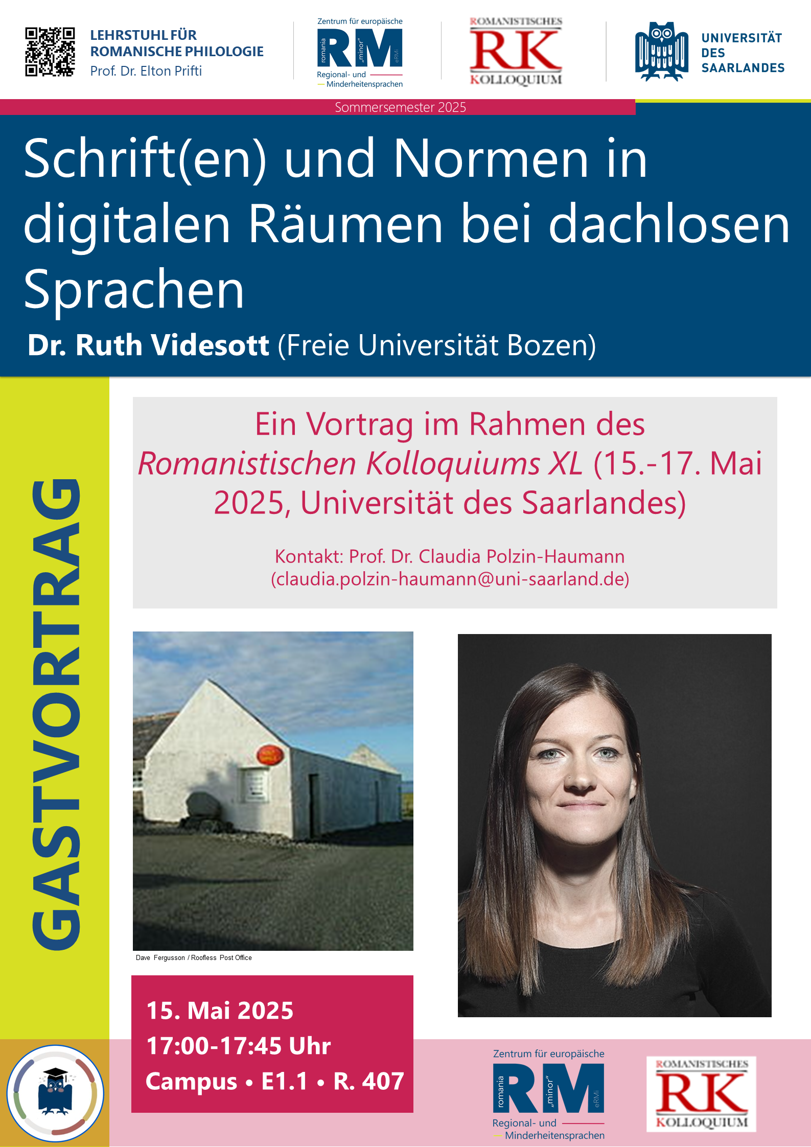 Plakat zum Vortrag von Ruth Videsott am Romanistischen Kolloquium, zu sehen ist u.a. ein Haus one Dach