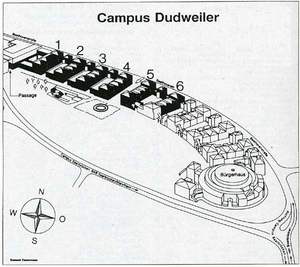 Lageplan der Gebäude auf dem Campus Dudweiler