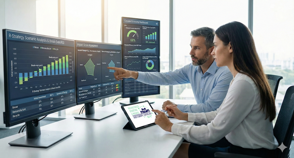 Zwei Fachleute in einem modernen Büro analysieren Daten auf Monitoren mit Diagrammen und einem Kreislaufwirtschafts‑Dashboard.