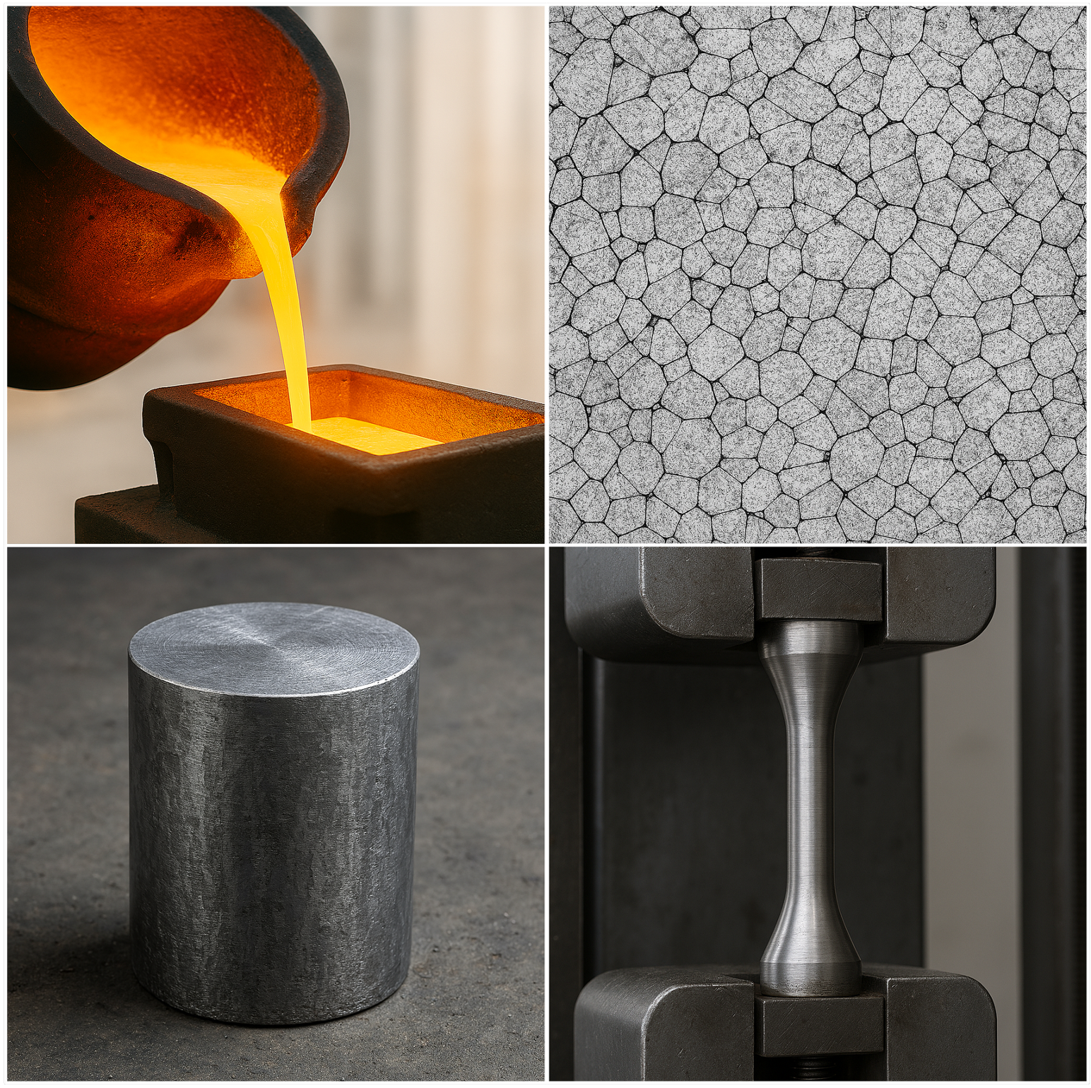 Vier Bilder, die verschiedene Aspekte der Metallurgie zeigen: flüssiges Metall im Guss, ein Metallrohling, ein metallurgisches Mikrofoto und eine Zugprüfmaschine.