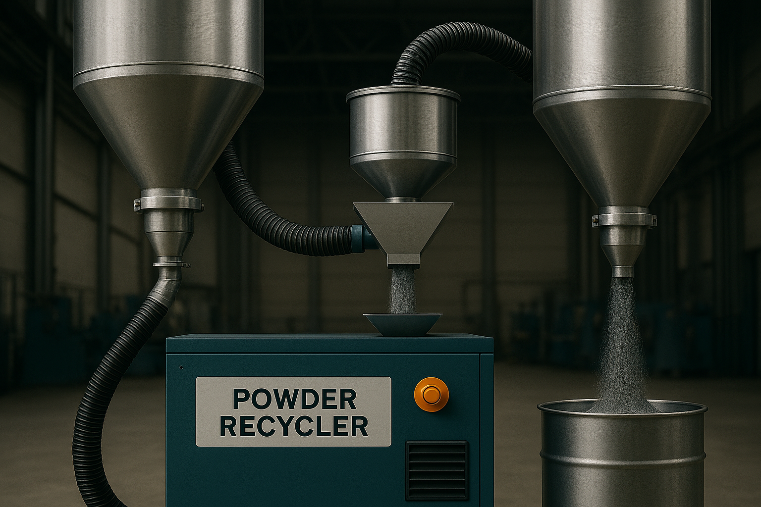 In einer industriellen Umgebung zeigt das Bild eine Maschine zur Pulververarbeitung. Zwei silberne Trichter füllen Pulver in einen zentralen Behälter des "Powder Recycler", aus dem das Pulver in einen darunter stehenden Behälter fällt.