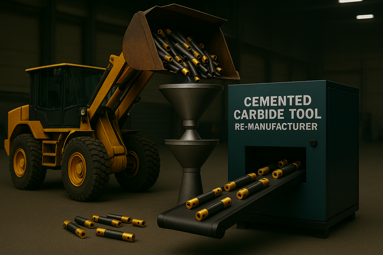 In einer Werkstatt zeigt das Bild einen Radlader, der gebrauchte Hartmetallwerkzeuge in eine Maschine lädt, die mit dem Etikett „Cemented Carbide Tool Re-Manufacturer“ versehen ist. Das Förderband transportiert die Werkzeuge in die Maschine, um sie für das Recycling und die Wiederaufbereitung vorzubereiten.