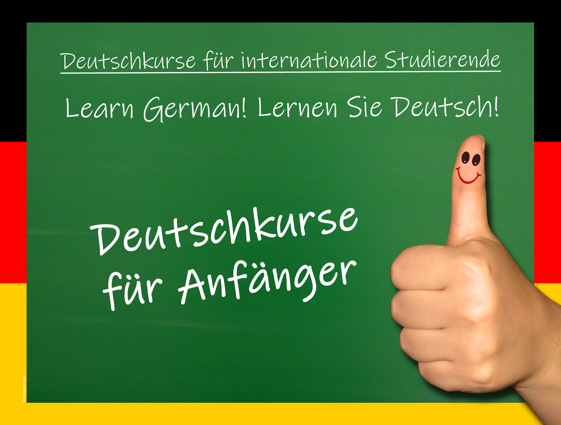 Deutschkurse für Anfänger Hand mit Daumenhoch vor einer Tafel mit Schriftzug