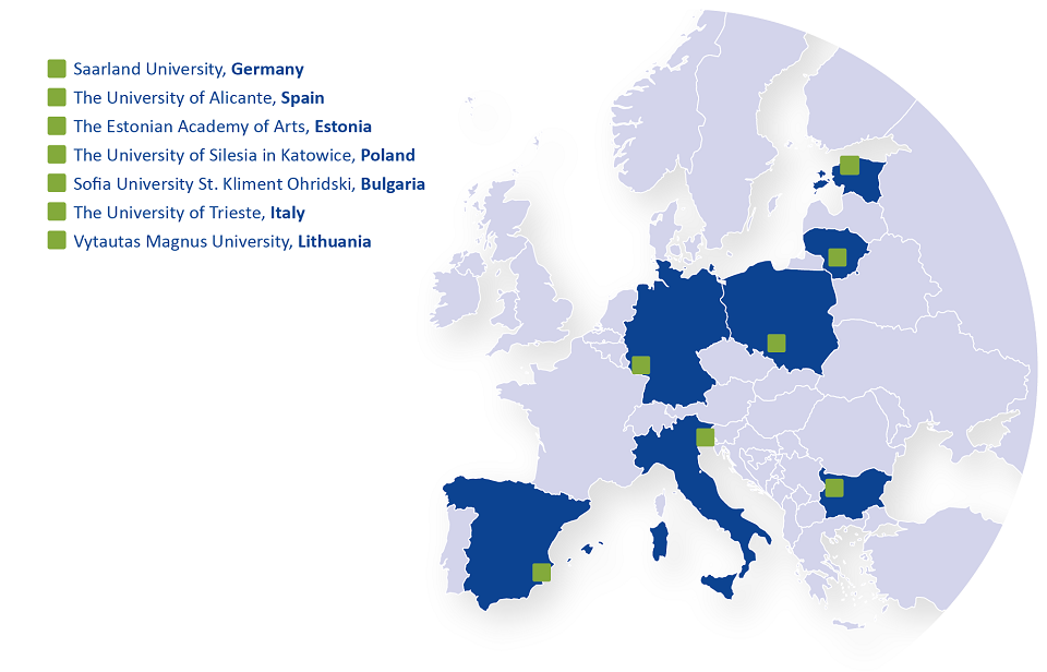 Karte mit den Partneruniversitäten: Saarland University, Germany; The University of Alicante, Spain; The Estonian Academy of Arts, Estonia; The University of Silesia in Katowice, Poland; Sofia University St. Kliment Ohridski, Bulgaria; The University of Trieste, Italy; Vytautas Magnus University, Lithuania