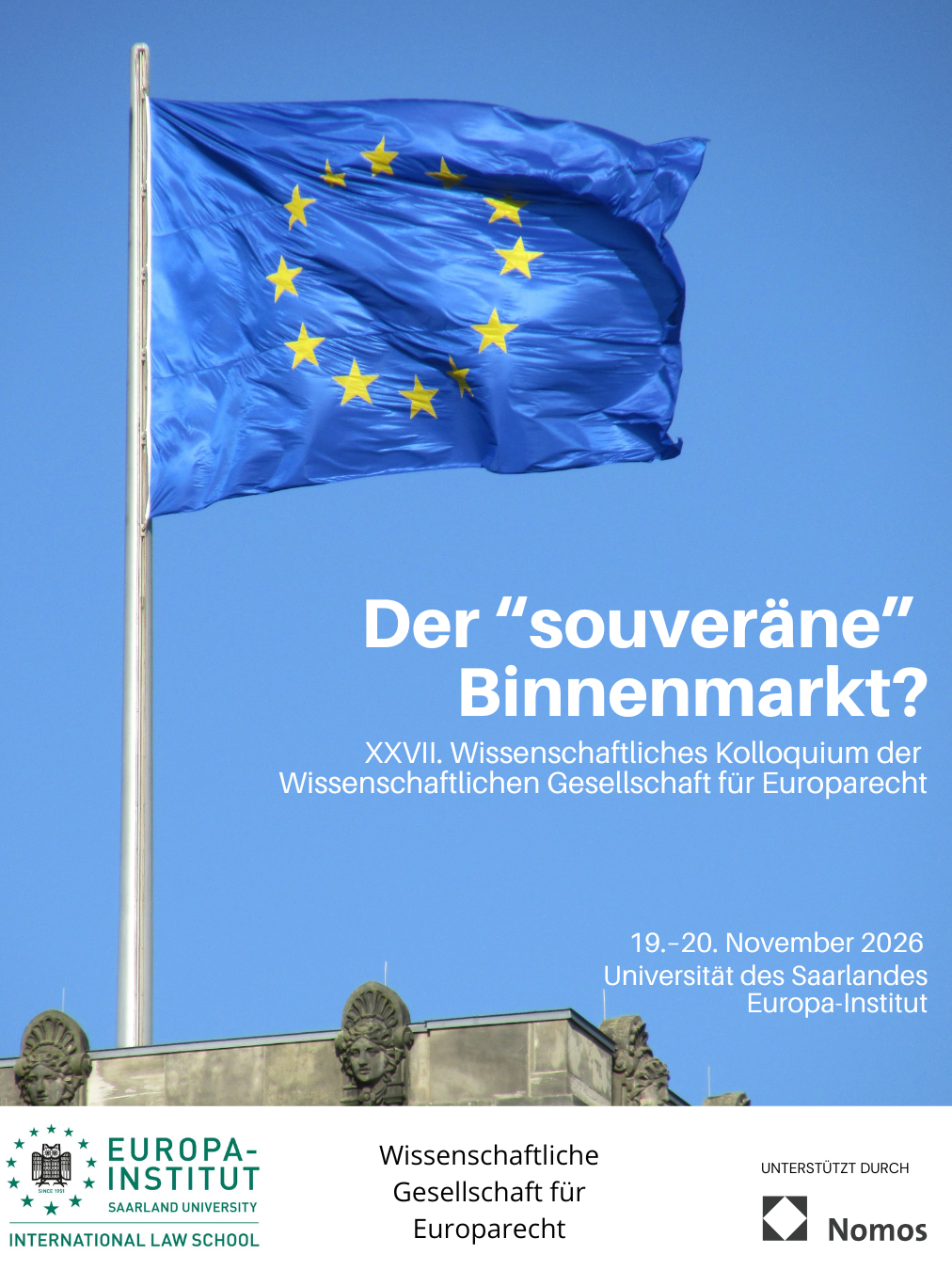 Wehende Europaflagge und Veranstaltungsangaben
