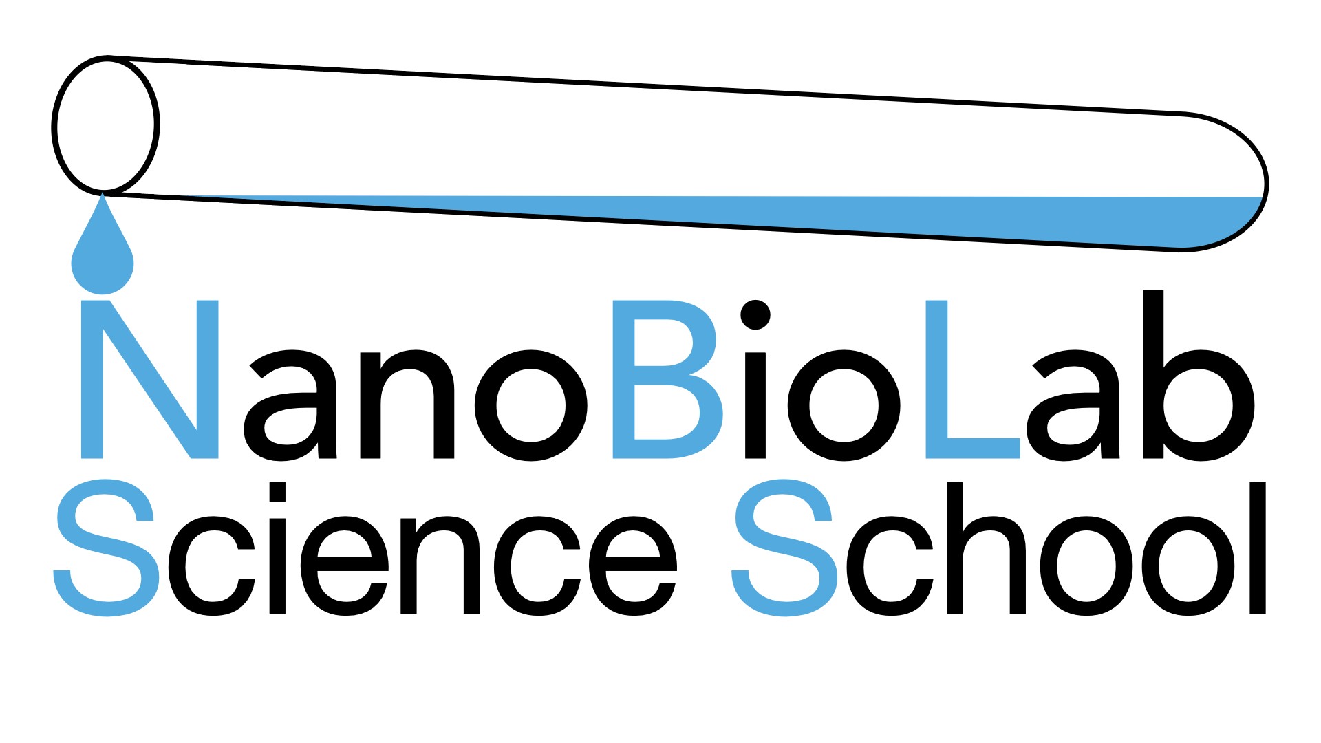 Logo der NanoBioLab Science School: oben ist ein schräg gezeichnetes Reagenzglas mit blauer Flüssigkeit und ein Tropfen tropft auf das N von NanoBioLab, was unter dem Reagenzglas steht. Ganz unten steht Science School