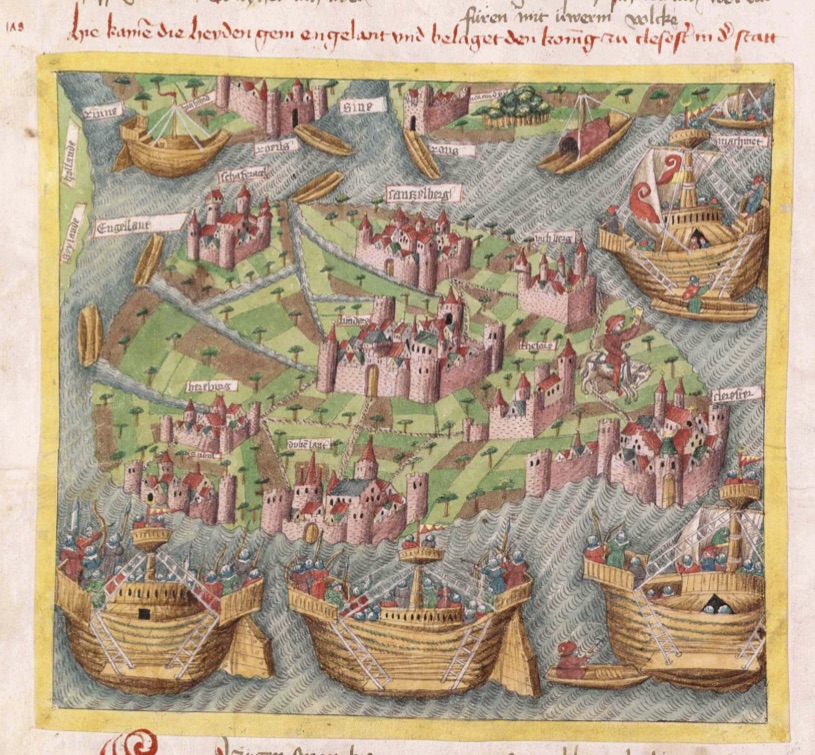 „Hie kamen die heyden gein engelant vnd belagen den konnig zu clesester in der statt“ Elisabeth von Nassau-Saarbrücken: ‚Loher und Maller‘, Hamburg, StaBi, Cod. in scrinio 11 (um 1456), Bl. 126v.