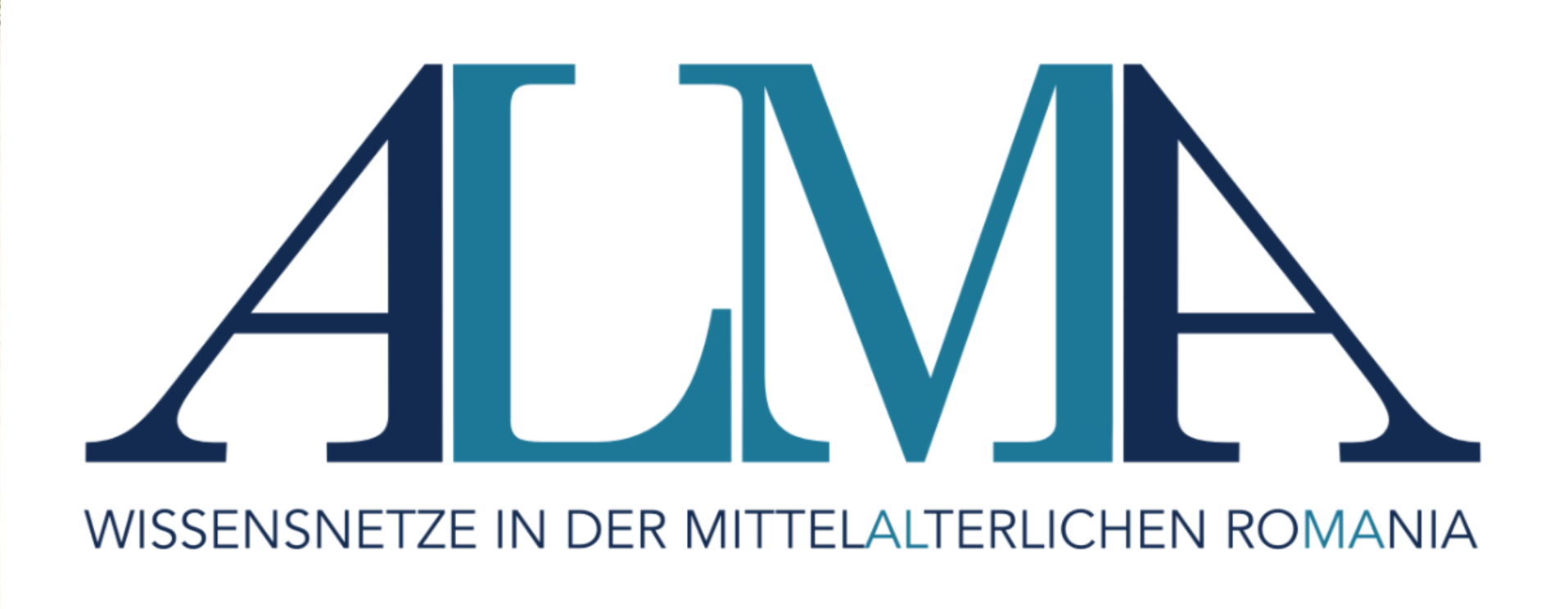 ALMA Logo, mit Unterschrift "Wissensnetze der mittelalterlichen Romania" (dabei AL und MA farblich hervorgehoben)