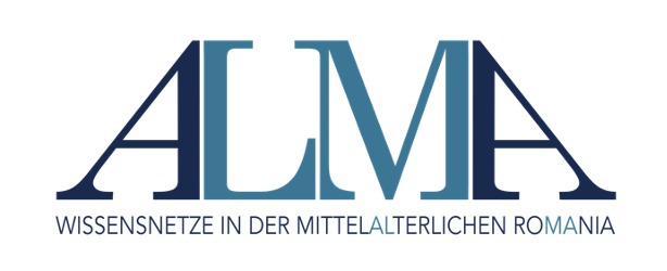 ALMA Logo, mit Unterschrift "Wissensnetze der mittelalterlichen Romania" (dabei AL und MA farblich hervorgehoben)