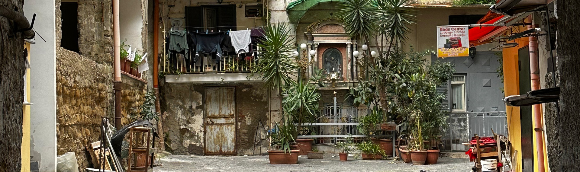Foto einer Wäscheleine vor einem Balkon neben Pflanzen. 
