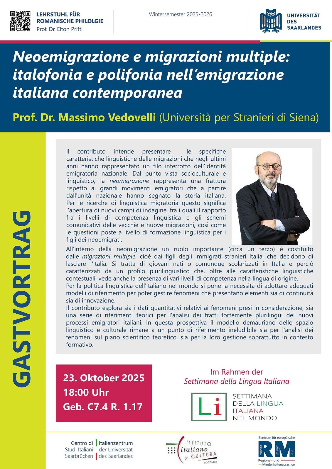 Gastvortrag Vedovelli Zu sehen ist das Plakat zum Gastvortrag von Massimo Vedovelli