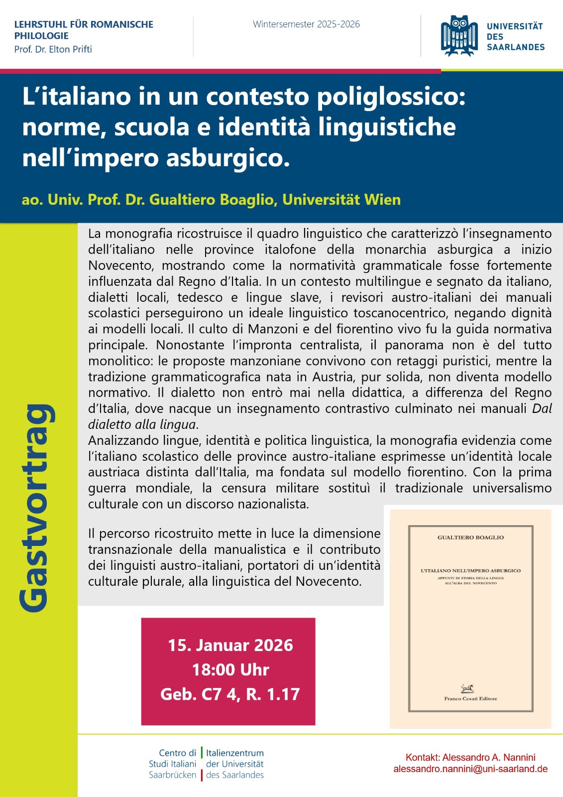 Zu sehen ist das Plakat zum Gastvortrag.